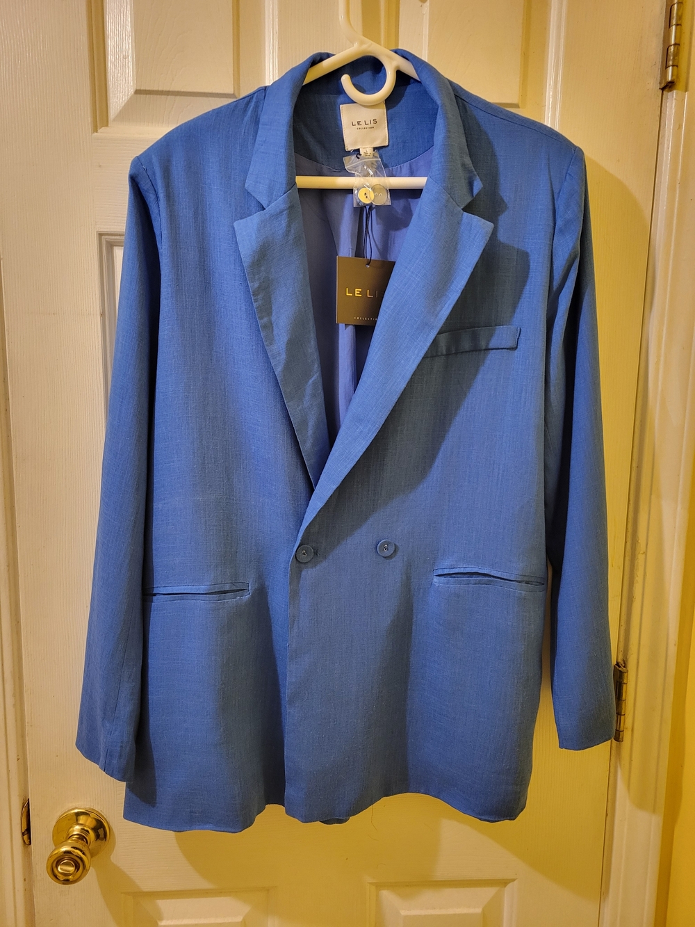 LeLis Women's L Oversized Double  Breasted Blazer Blue Linen Blend Lined NWT